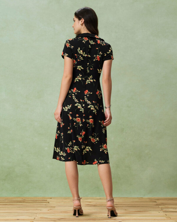 Black Floral Button A-Line Midi Dress - Image 5