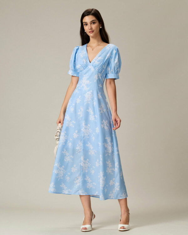 Blue Floral Puffed Sleeve Ruched Midi Dress - Image 4