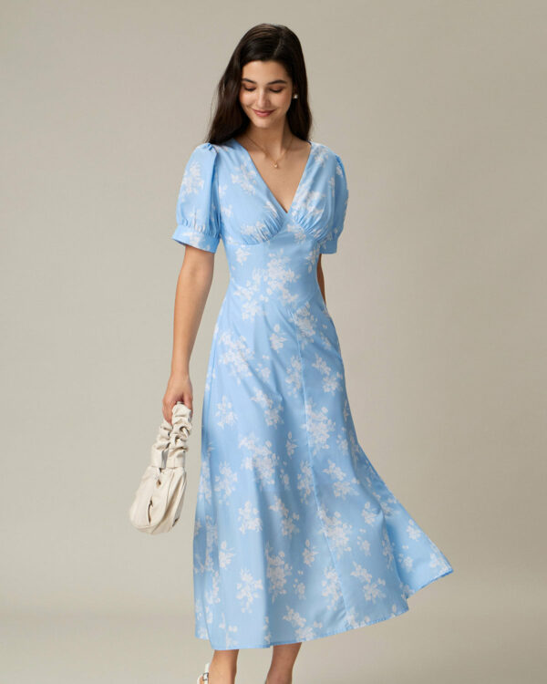 Blue Floral Puffed Sleeve Ruched Midi Dress - Image 3