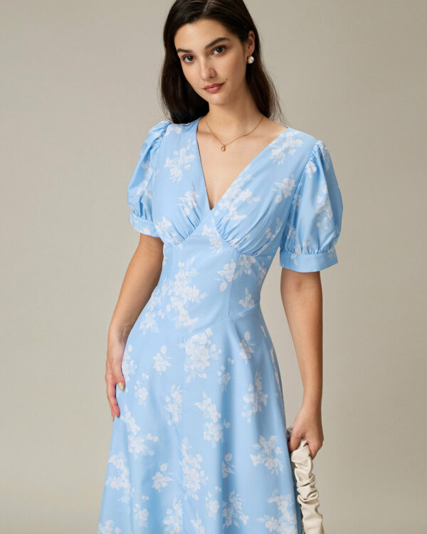 Blue Floral Puffed Sleeve Ruched Midi Dress - Image 2
