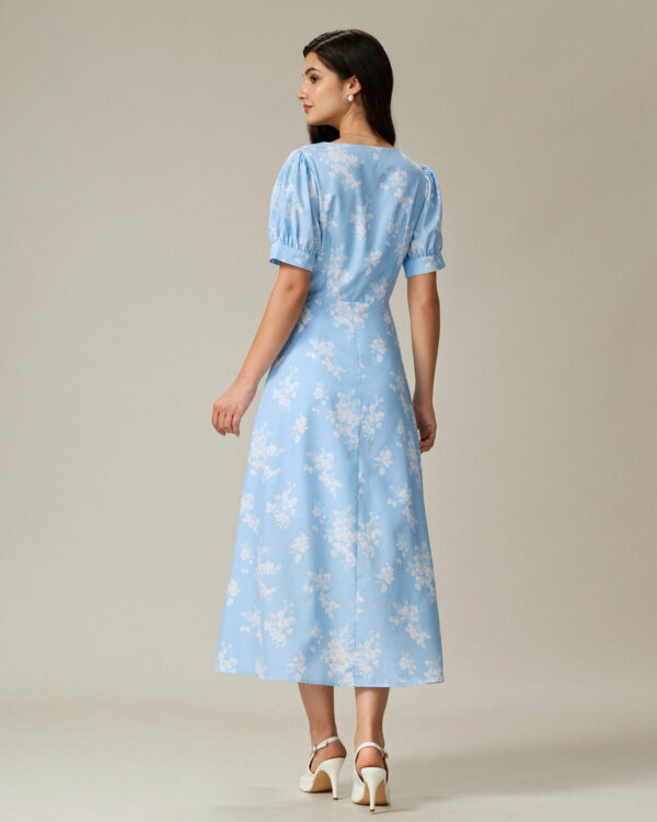 Blue Floral Puffed Sleeve Ruched Midi Dress - Image 5