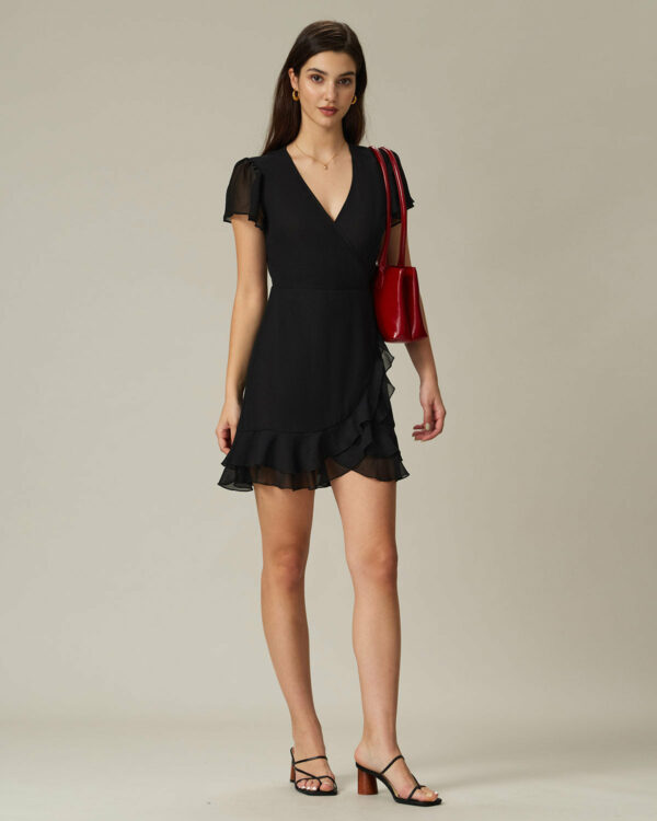 Black V Neck Chiffon Mini Dress - Image 5