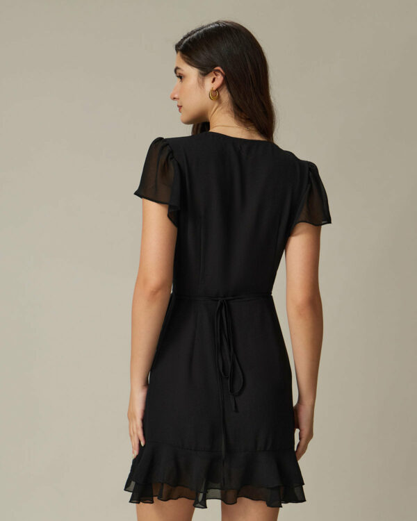 Black V Neck Chiffon Mini Dress - Image 4