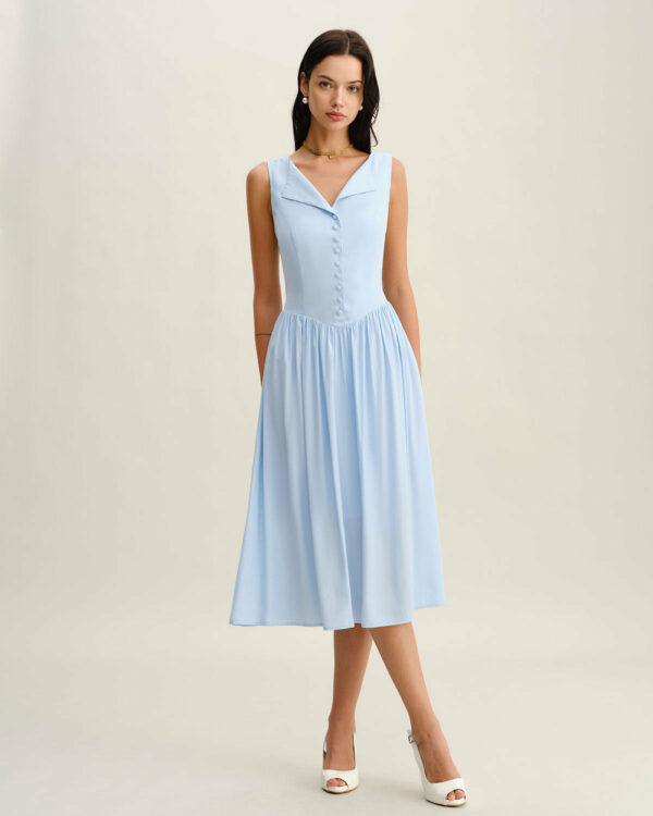 Blue V Neck Button Sleeveless Midi Dress - Image 3