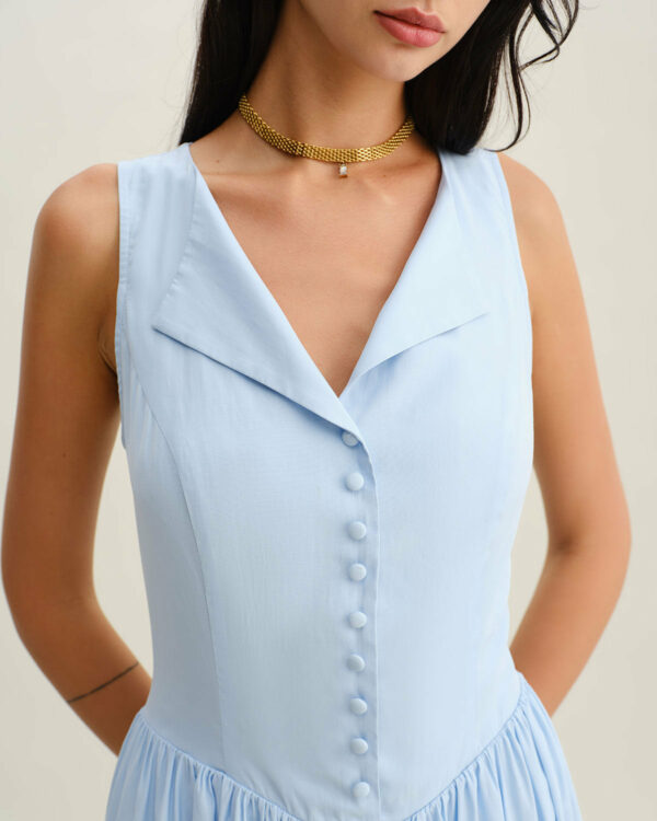 Blue V Neck Button Sleeveless Midi Dress - Image 2