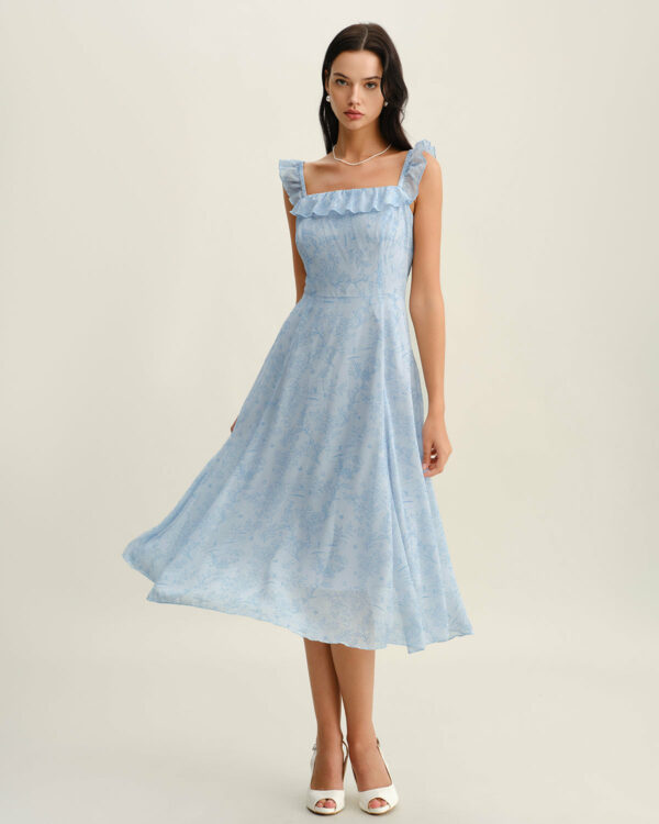 Blue Square Neck Ruffle Midi Dress - Image 4