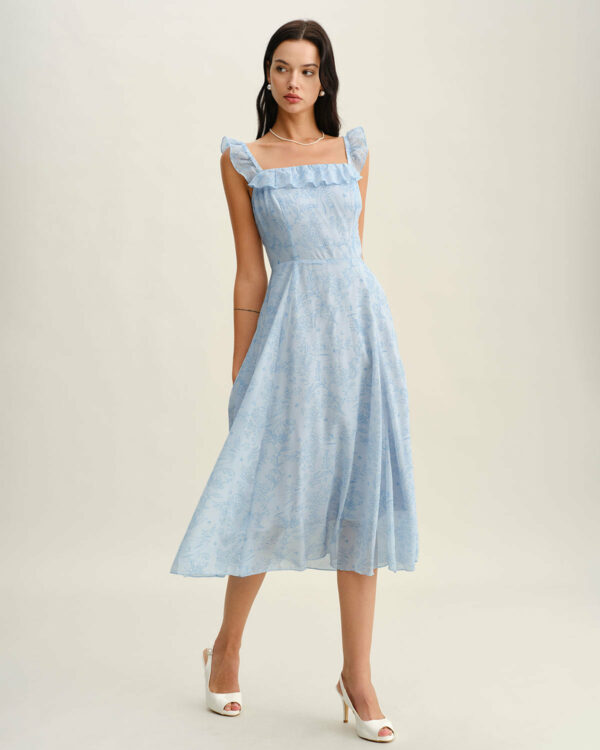 Blue Square Neck Ruffle Midi Dress - Image 3