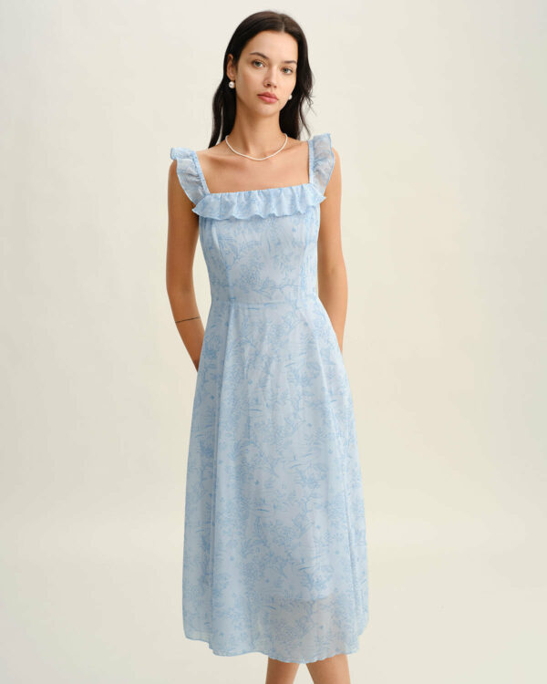Blue Square Neck Ruffle Midi Dress