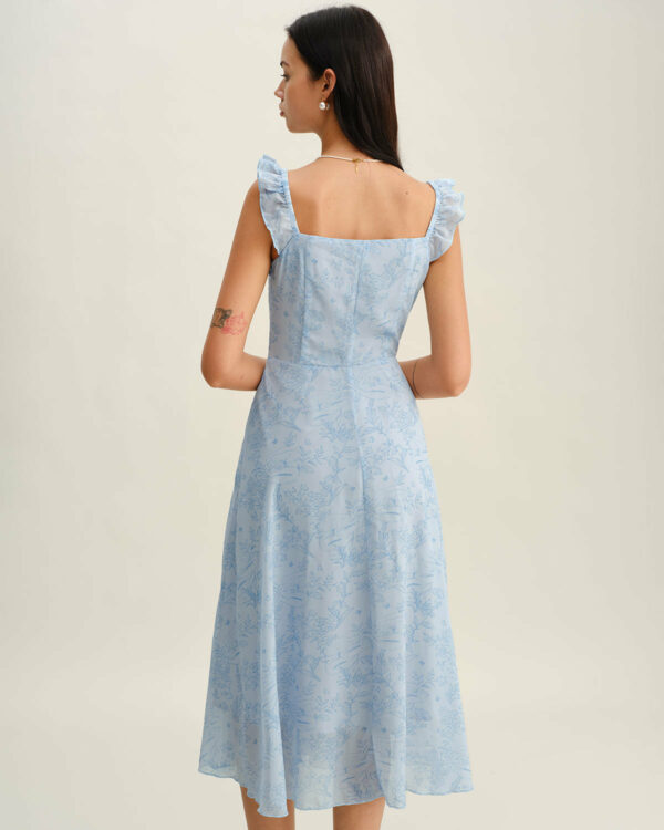 Blue Square Neck Ruffle Midi Dress - Image 5