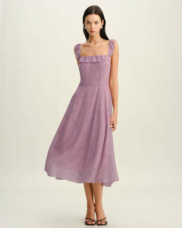 Purple Floral Square Neck Ruffle Slip Midi Dress - Image 4
