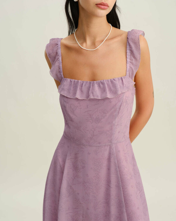 Purple Floral Square Neck Ruffle Slip Midi Dress - Image 2