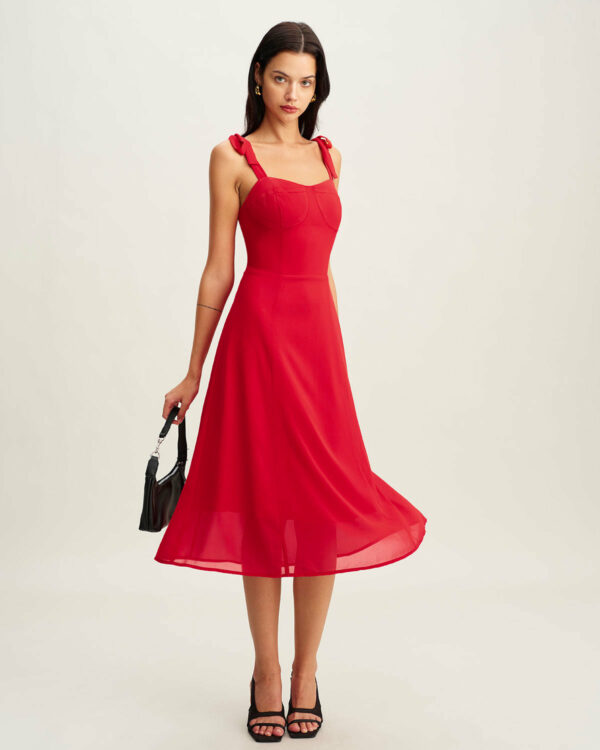 Red Neck Tie Strap Midi Dress - Image 4