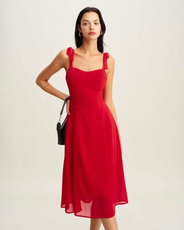 Red Neck Tie Strap Midi Dress