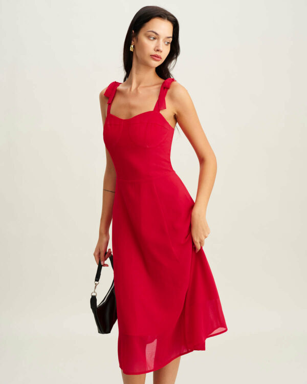 Red Neck Tie Strap Midi Dress - Image 3