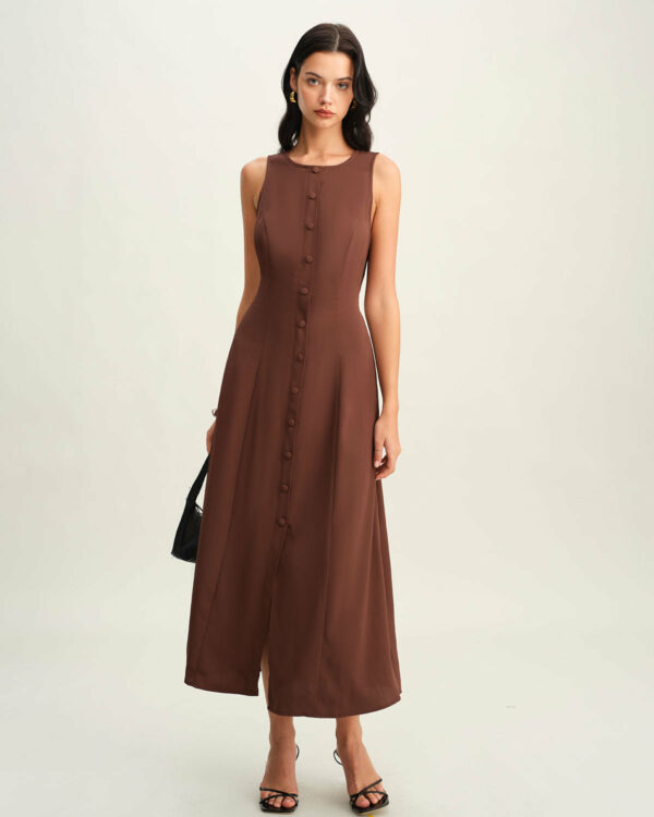 Brown Round Neck Button Sleeveless Maxi Dress - Image 4