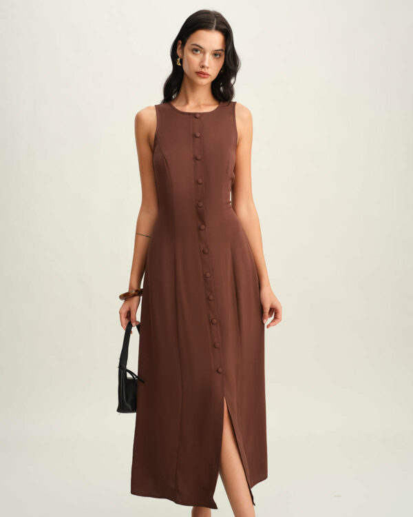 Brown Round Neck Button Sleeveless Maxi Dress