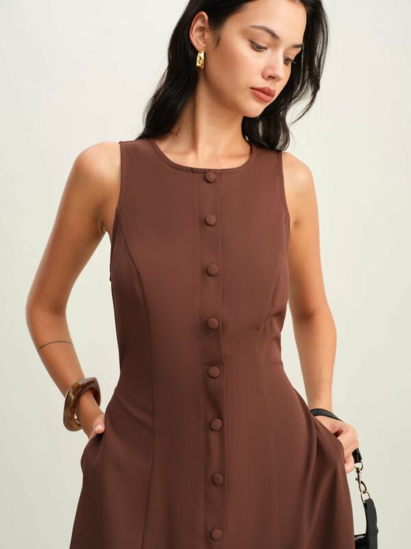 Brown Round Neck Button Sleeveless Maxi Dress - Image 3
