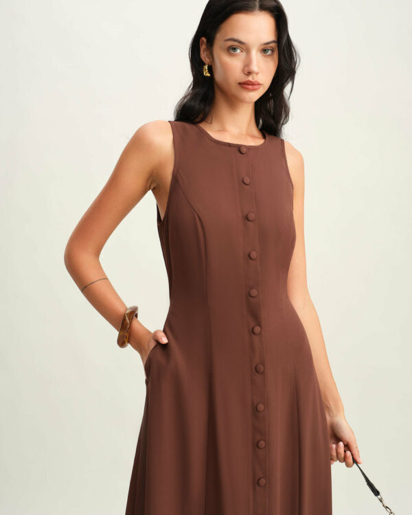 Brown Round Neck Button Sleeveless Maxi Dress - Image 2
