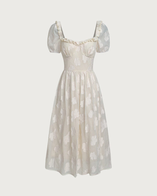 Beige Square Neck Puffed Sleeve Midi Dress - Image 6