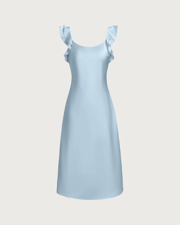 Blue Square Neck Ruffle Satin Midi Dress - Image 6
