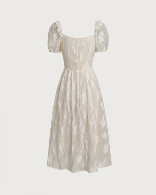 Beige Square Neck Puffed Sleeve Midi Dress - Image 7