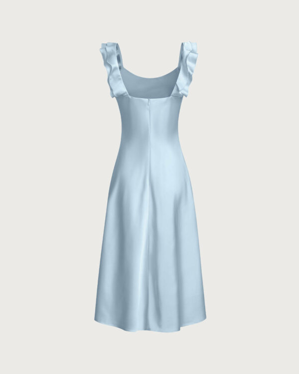 Blue Square Neck Ruffle Satin Midi Dress - Image 7