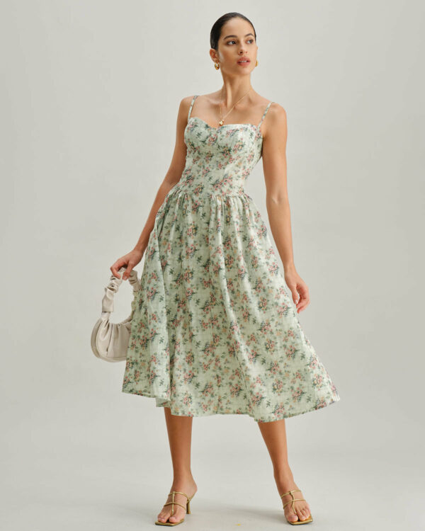 Green Floral Neck Pleated Slip Midi Dress - Image 3