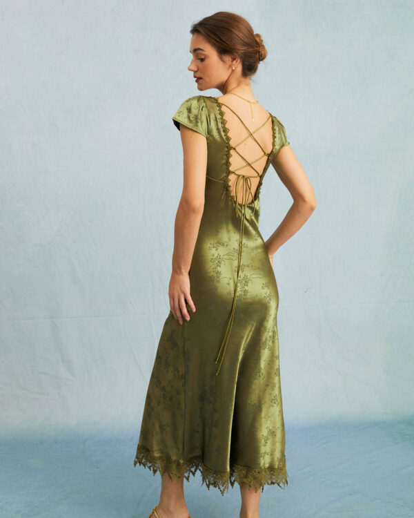 The Green Jacquard Cap Sleeve Satin Midi Dress - Image 6