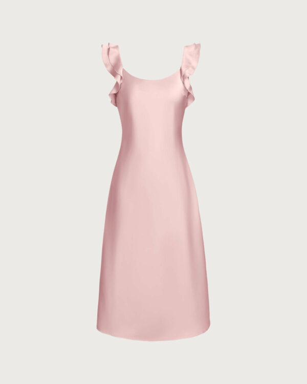 Pink Square Neck Ruffle Satin Midi Dress - Image 6