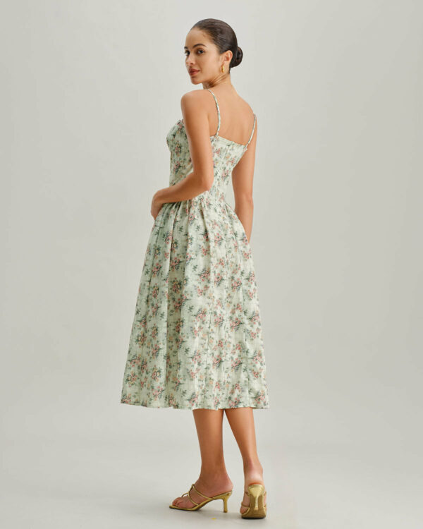 Green Floral Neck Pleated Slip Midi Dress - Image 4