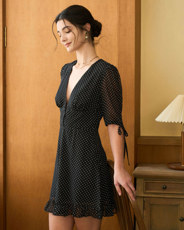 The Black Deep V Neck Polka Dot Mini Dress - Image 6