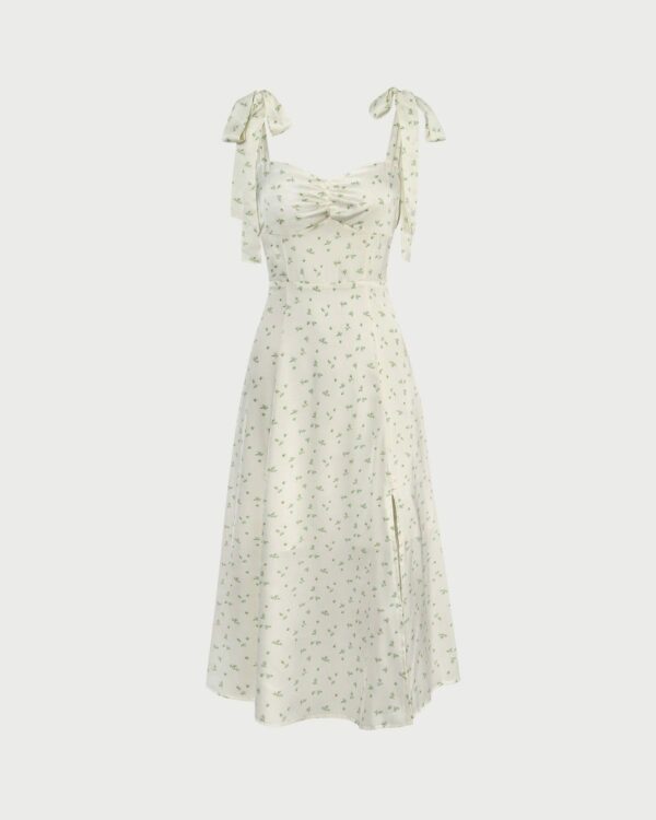 The Light Green Satin Floral Tie Strap Slit Midi Dress - Image 7