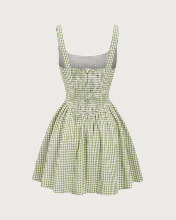 Green Plaid Ruched Slip Mini Dress - Image 5