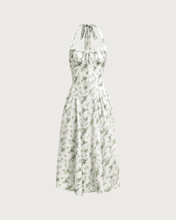 Green Floral Ruched Lace Halter Midi Dress - Image 5