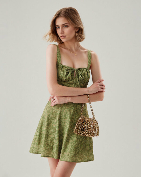 Green Floral Ruched Slip Mini Dress - Image 9