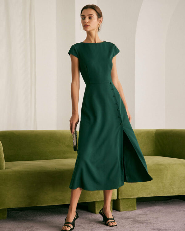 The Green Boat Neck Cutout Back Midi Dress - Image 5