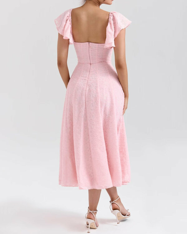 Pink Jacquard Ruched Square Neck Midi Dress - Image 5
