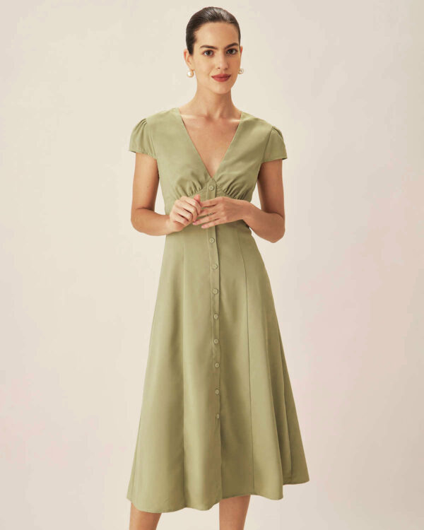 Green V-Neck Button Midi Dress - Image 6