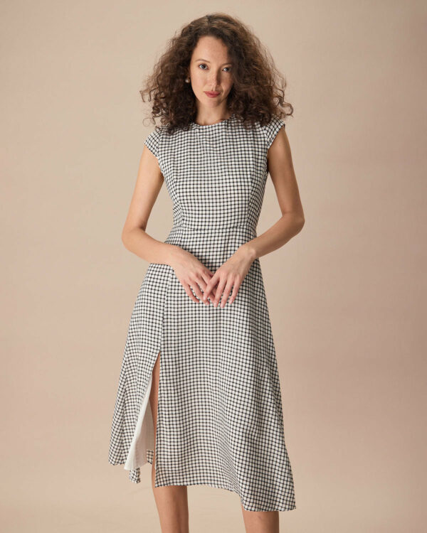 The Black Round Neck Cap Sleeve Plaid Midi Dress - Image 3