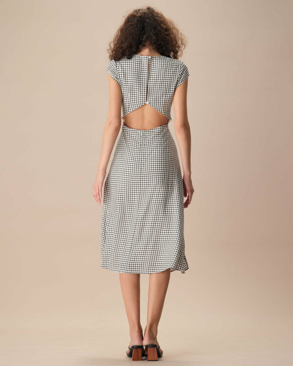 The Black Round Neck Cap Sleeve Plaid Midi Dress - Image 5