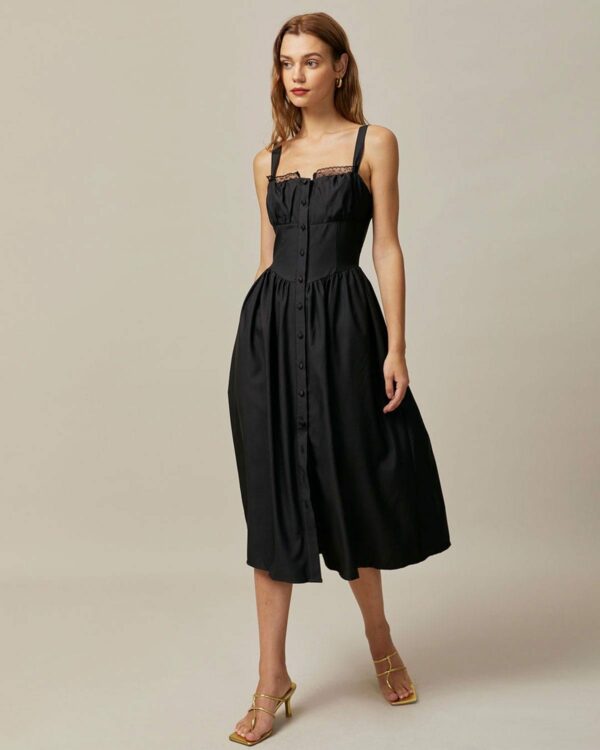 The Black Square Neck Lace Cami Midi Dress - Image 2