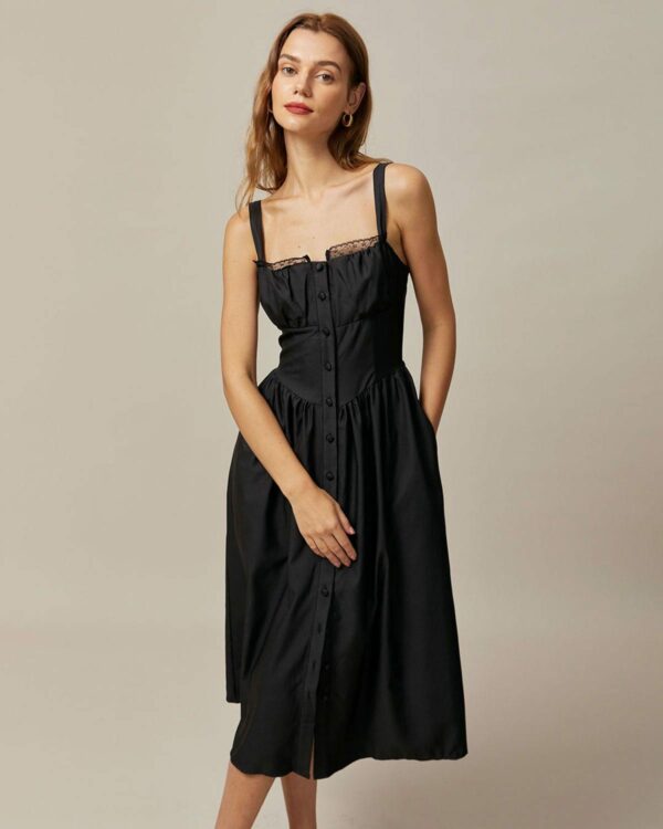 The Black Square Neck Lace Cami Midi Dress - Image 3