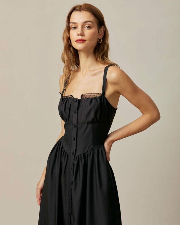 The Black Square Neck Lace Cami Midi Dress - Image 4