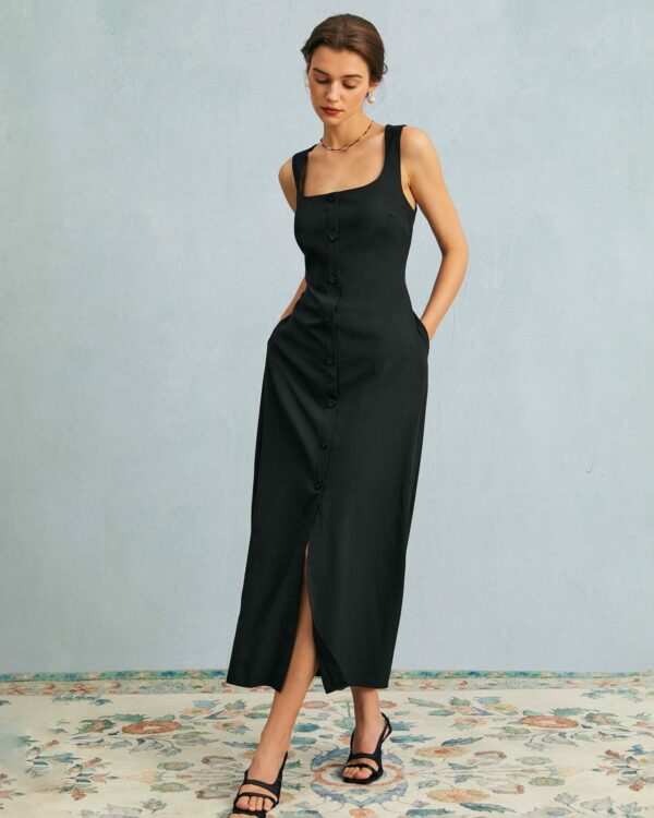 The Black U Neck Tie Back Sleeveless Maxi Dress - Image 3
