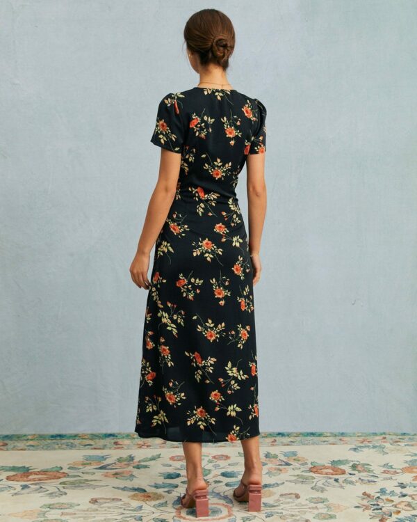 The Black V Neck Floral Short Sleeve Maxi Dress - Image 5