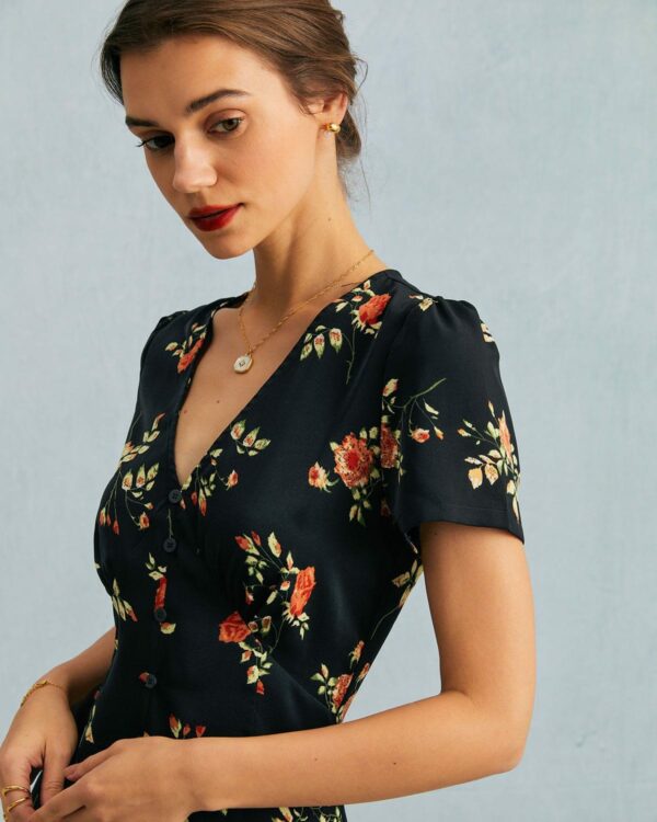 The Black V Neck Floral Short Sleeve Maxi Dress - Image 3