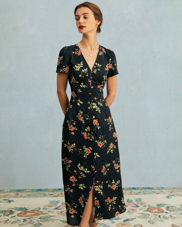 The Black V Neck Floral Short Sleeve Maxi Dress - Image 2