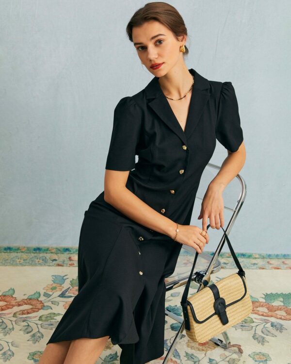 The Black V Neck Button Puff Sleeve Midi Dress - Image 5