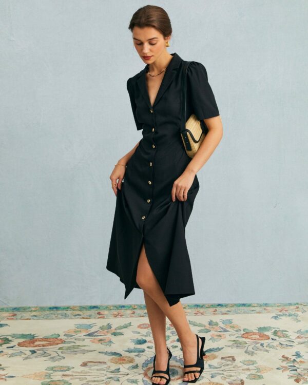 The Black V Neck Button Puff Sleeve Midi Dress - Image 3