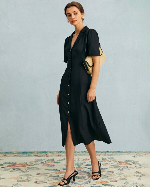 The Black V Neck Button Puff Sleeve Midi Dress - Image 2